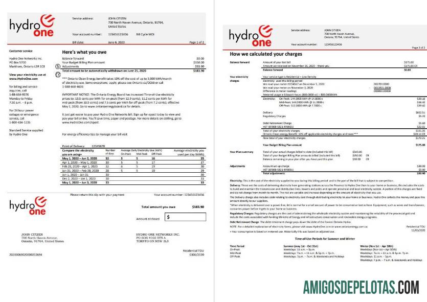 Para baixar modelo de conta de serviço público de eletricidade Hydro One dos EUA, Ontário, em formato Word e PDF (2 páginas)